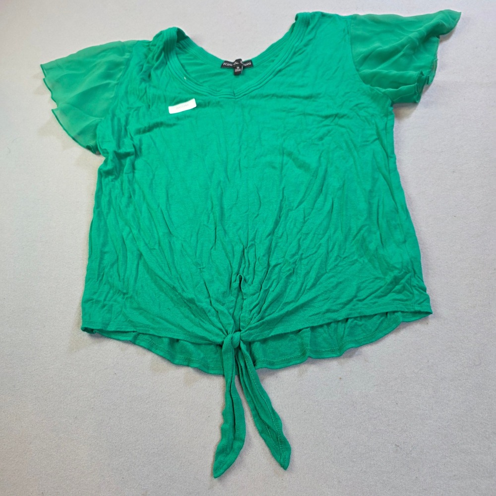 Kim & Cami Green Front Tie Knot Flutter Sleeve Scoop Neck Knit Top Medium
